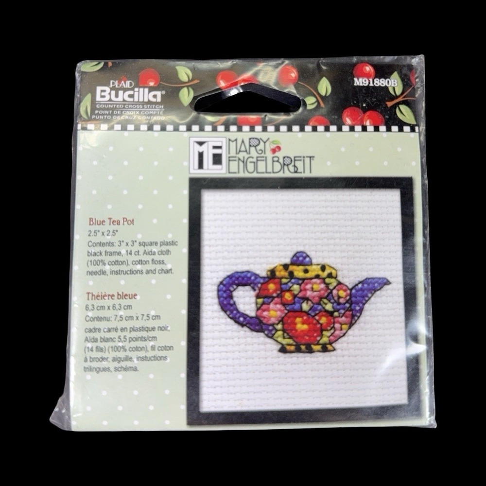 ME Mary Engelbreit Blue Tea Pot Plaid Bucilla Counted Cross Stitch- Sealed‎